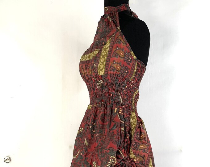Sadie Silk Pixie Dress a One Size Goddess Dress, Hippie Boho Summer Halter Dress with a ruched skirt. SKU:1031-5517