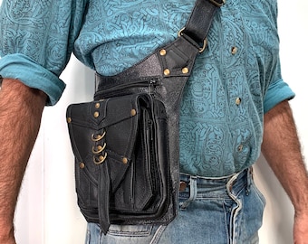 Black Leather Bombay Hip or Shoulder Bag. Waist pack, Bumbag, Money Belt, Fanny Pack