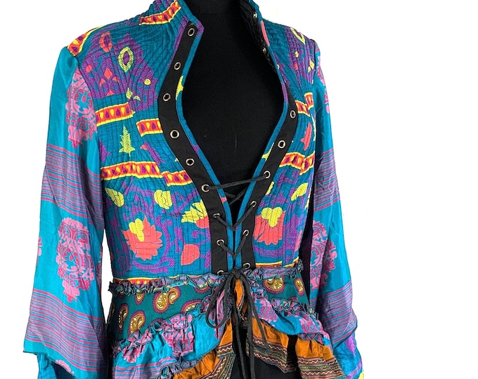 2XL. Seraphina Corset Dress - Silk - Long Sleeves - Blue Orange  (SKU:1009-1971)