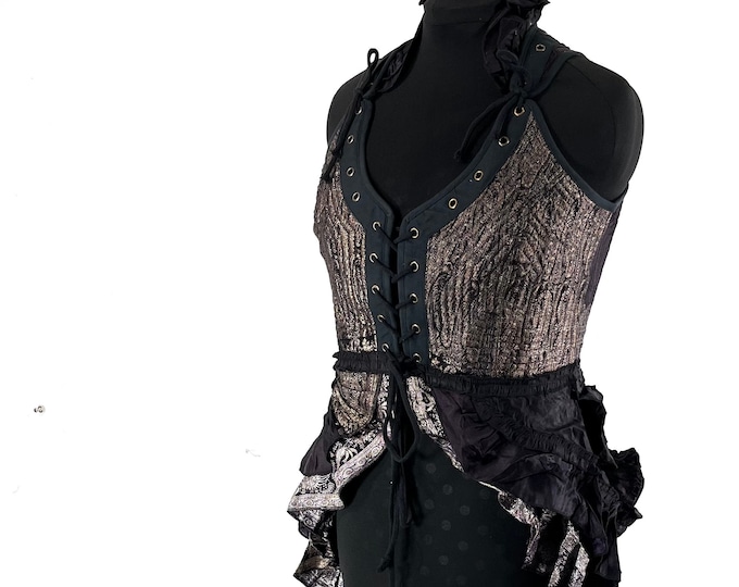 2XL Varuna Corset Bustier Dress in Silk Brocade with long body; Larp, Steampunk, Gothic SKU:2002-7487