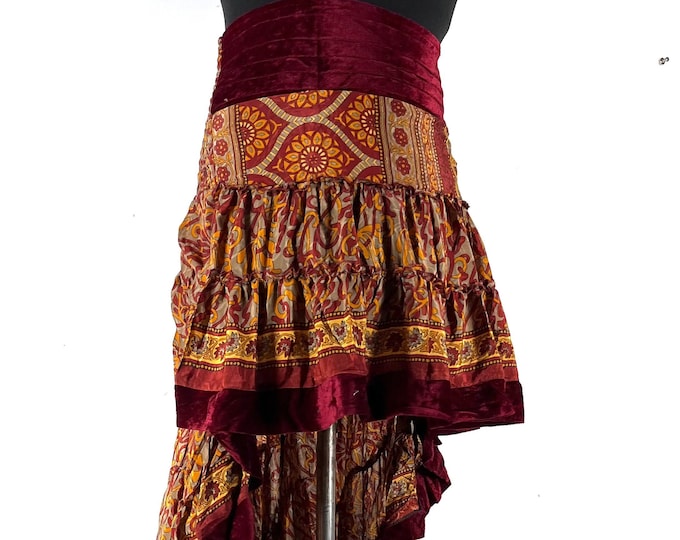 XL. Layla Bohemian High Low Skirt. Fits up to 50" (127cm) Silk Velvet Edged Boho Skirt. One Size Plus. SKU:734-8050
