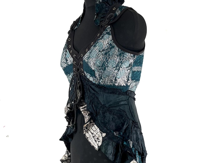 2XL. Sophia Corset Dress with Hi-Low tiered skirt handmade in Vintage Silk Brocade. Steampunk Ren Faire  SKU:2000-8765
