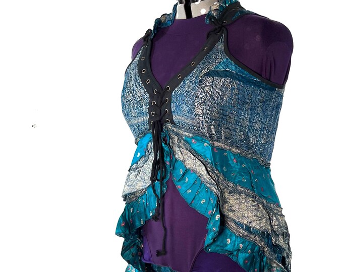 5XL. Sophia Corset Dress with Hi-Low tiered skirt in Silk brocade. Handmade Renaissance Festival Steampunk SKU:2000-8493