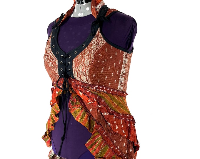 3XL. Sophia Corset Dress with Hi-Low tiered skirt, handmade from Vintage Silk Brocade. Renaissance Festival Steampunk SKU:2000-8598
