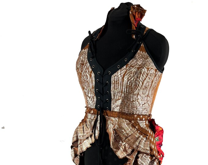 2XL Varuna Corset Bustier Dress in Silk Brocade with long body; Larp, Steampunk, Gothic SKU:2002-7490