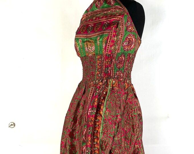 Sadie Silk Pixie Dress a One Size Goddess Dress, Hippie Boho Summer Halter Dress with a ruched skirt. SKU:1031-5520