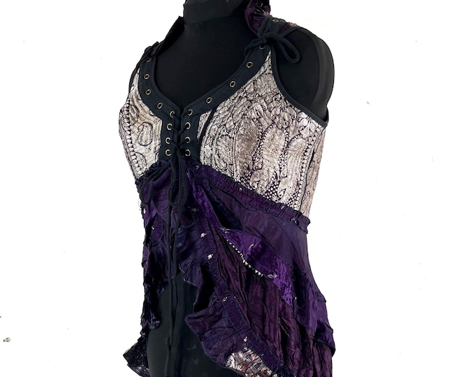 3XL. Sophia Corset Dress with Hi-Low tiered skirt, handmade from Vintage Silk Brocade. Renaissance Festival Steampunk SKU:2000-8768