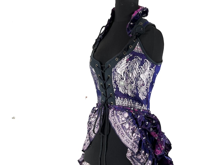 S. Varuna Corset Bustier Dress in Silk Brocade with long body; Larp, Steampunk, Gothic SKU:2002-7507