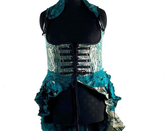 2XL Elisa Bustier Dress; Steampunk Under-bust Long Body Corset in Silk Brocade, (SKU:2004-10248)