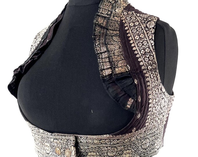 XL. Underbust Corset Top Bustier handmade in Vintage Silk Brocade  Brown Black Silver SKU:444-8870