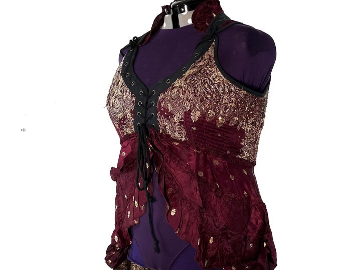 5XL. Sophia Corset Dress with Hi-Low tiered skirt in Silk brocade. Handmade Renaissance Festival Steampunk SKU:2000-8498