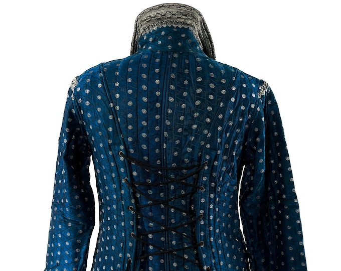 XL. Steampunk Coat a Silk Brocade Fleece Lined Tailcoat with Corsetage at back for adjustable sizing.
