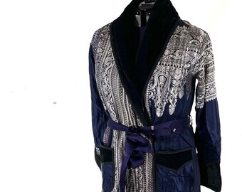 Long Silk Brocade Coat; Velvet Collar, blue silver jacket (SKU:3081-8531)