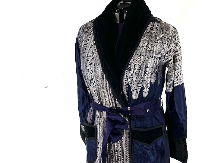 Long Silk Brocade Coat; Velvet Collar, blue silver jacket (SKU:3081-8531)