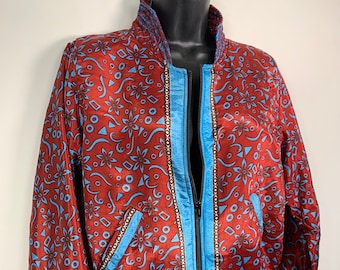 Jude Silk Bomber Jacket, S/M UK Size 6 to 10. Fleece lining. Red and blue. Bohemian