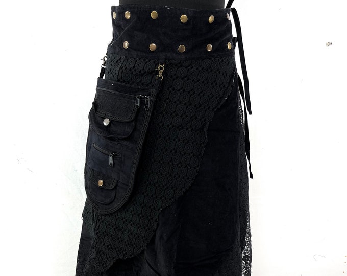Black Corduroy Boho Maxi Skirt; detachable pockets, long, steampunk wrap skirt