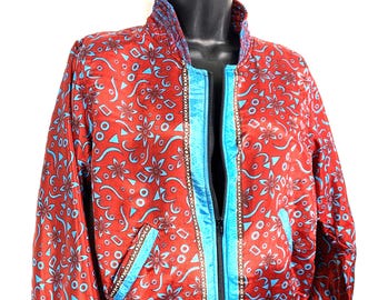 Jude Silk Bomber Jacket, S/M UK Size 6 to 10. Fleece lining. Red and blue. Bohemian