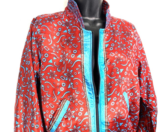 Jude Silk Bomber Jacket, S/M UK Size 6 to 10. Fleece lining. Red and blue. Bohemian