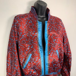Jude Silk Bomber Jacket, S/M UK Size 6 to 10. Fleece lining. Red and blue. Bohemian