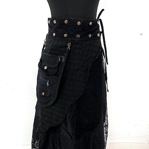 Black Corduroy Boho Maxi Skirt; detachable pockets, long, steampunk wrap skirt