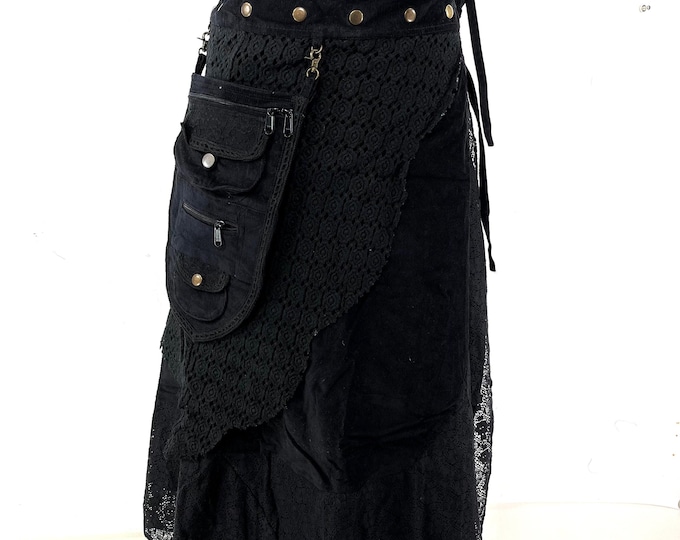 Black Corduroy Boho Maxi Skirt; detachable pockets, long, steampunk wrap skirt