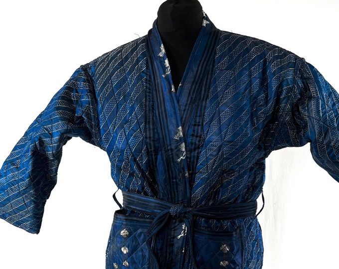 Quilted Silk Kimono Robe; Vintage Brocade, Generous Loose Fit Haori Jacket, Handmade.  SKU:757-7018