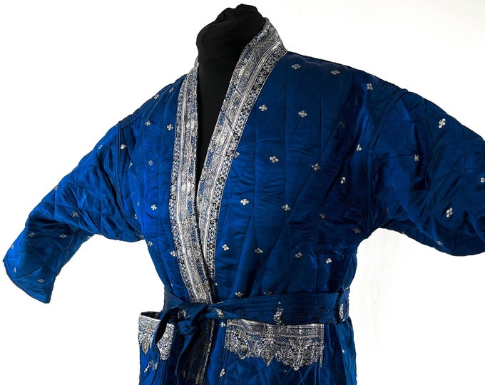 Quilted Silk Kimono Robe; Vintage Brocade, Generous Loose Fit Haori Jacket, Handmade.  SKU:757-7013