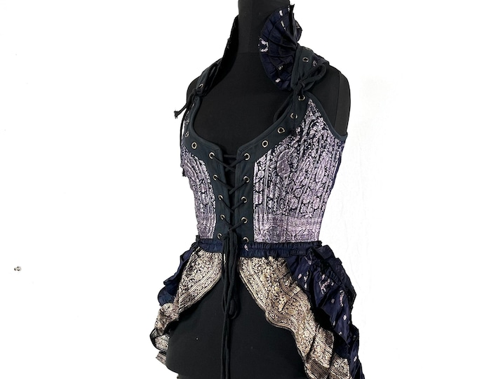 S. Varuna Corset Bustier Dress in Silk Brocade with long body; Larp, Steampunk, Gothic SKU:2002-7503