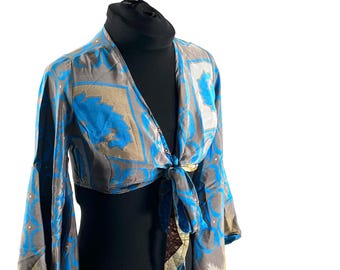 S/M Joy Bell Sleeve Crop Top, Sari Summer Wrap, Handmade Silky, Light Hippy Style (SKU:570-10303)