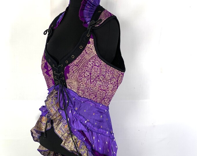 3XL. Sophia Steampunk Corset Dress in Purple Vintage Silk Brocade.  SKU:2000-5381