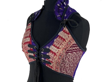 Fae M Corset Top - Red & Purple Bra Top - Vintage Silk Brocade  (SKU:3032-8113)
