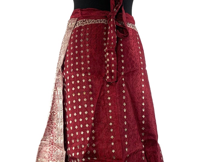 Pemberin Midi One Size Wrap Skirt in Upcycled Heavy Silk Brocade Sari. (One Layer A-Line Saree Wrap Skirt) SKU:2031-6356