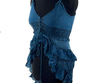 Bardot Boho Corset Dress in Petrol Blue.