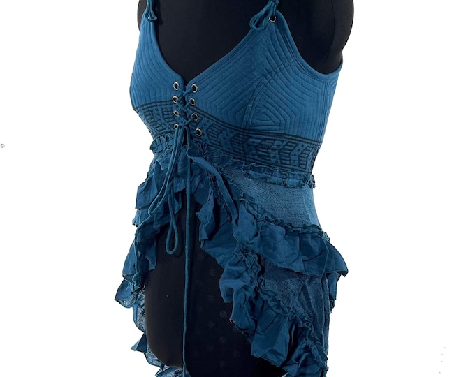 Bardot Boho Corset Dress in Petrol Blue.