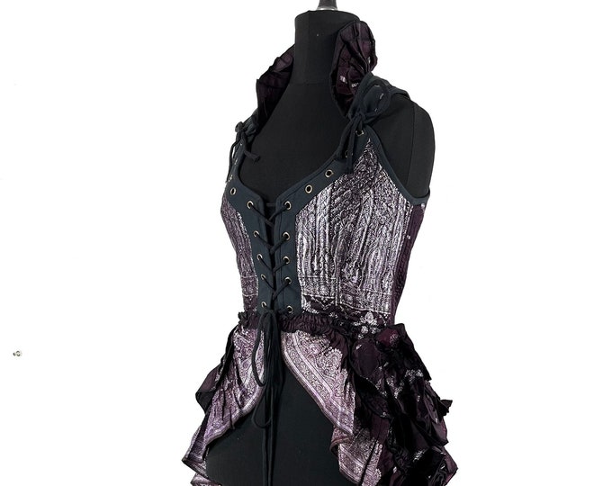 S. Varuna Corset Bustier Dress in Silk Brocade with long body; Larp, Steampunk, Gothic SKU:2002-7504