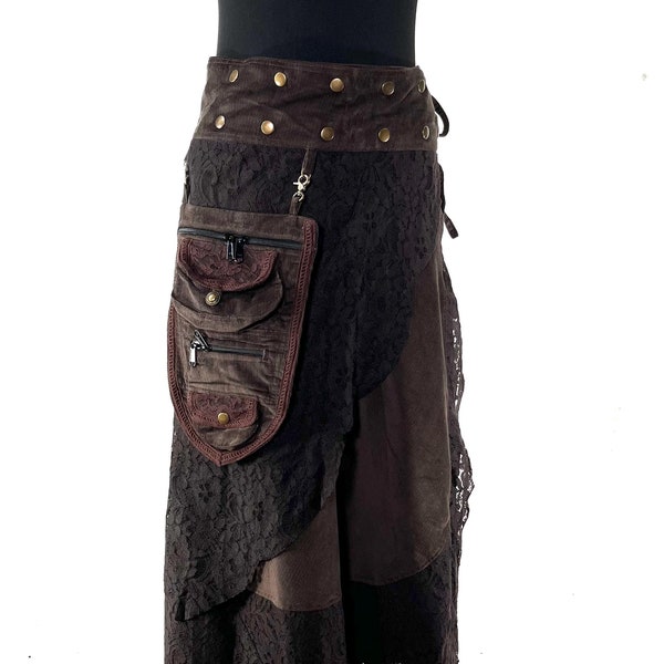 Dark Brown Edwardian Corduroy long wrap Skirt with lace and a detachable Purse