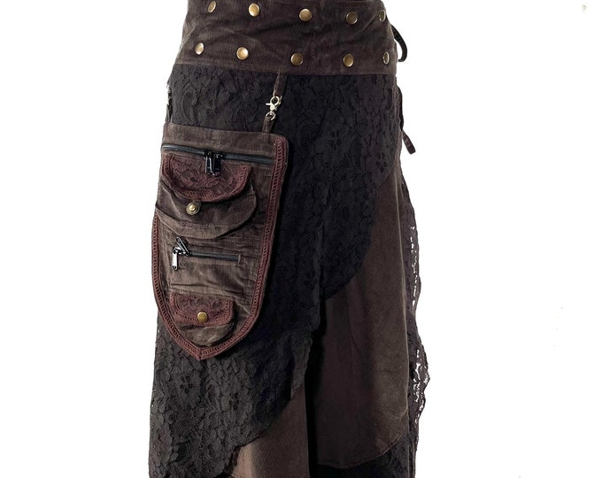 Dark Brown Edwardian Corduroy long wrap Skirt with lace and a detachable Purse