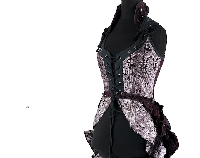S. Varuna Corset Bustier Dress in Silk Brocade with long body; Larp, Steampunk, Gothic SKU:2002-7508