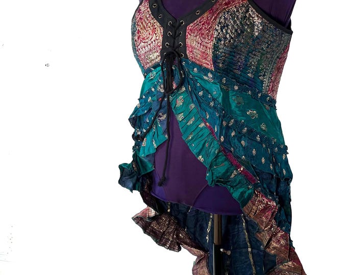 Sophia Corset Dress. Hi-Low tiered skirt, Silk brocade. Handmade Renaissance Festival UK-6XL (SKU:2000-8507)
