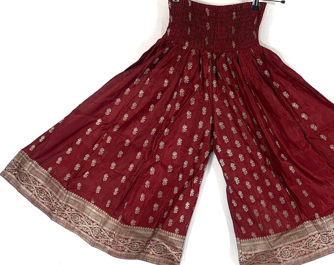 Malika One-Size Trousers Short Leg Culottes in Silk Brocade with elasticated waist for all day comfort (Wide Leg Palazzo Pants) SKU:815-6618