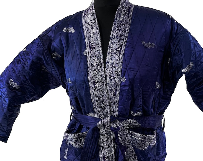Quilted Silk Kimono Jacket XL; Vintage Brocade Robe, Generous Loose Fit, Japanese Style, Handmade.  SKU:758-7027