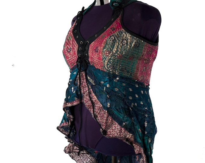 6XL. Sophia Corset Dress with Hi-Low tiered skirt in Silk brocade. Handmade Renaissance Festival Steampunk SKU:2000-8502