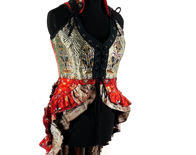 2XL Varuna Corset Bustier Dress in Silk Brocade with long body; Larp, Steampunk, Gothic SKU:2002-7489