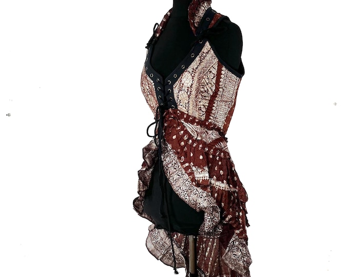 Sophia Corset Dress with Hi-Low tiered skirt handmade in Silk brocade. Steampunk Ren Faire UK-S SKU:2000-8513