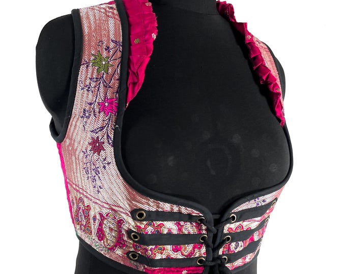 Ivy L Underbust Corset Top; Pink & Silver steampunk vest handmade in Vintage Silk Brocade (SKU:2173-10120)