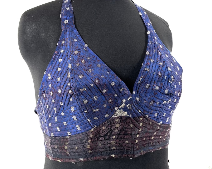2XL Phoenix Tribal Top. New cut silk brocade halter top  Blue and brown SKU:1026-7695