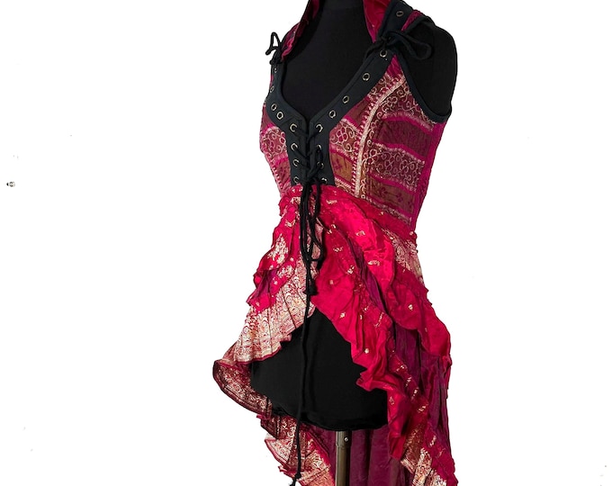 Sophia Corset Dress with Hi-Low tiered skirt handmade in Silk brocade. Steampunk Ren Faire UK-S SKU:2000-8523