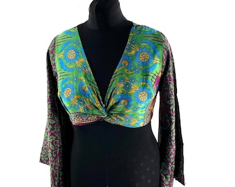 M/L Joy Bell Sleeve Crop Top; Silky Sari Summer Wrap Top (571-10282)