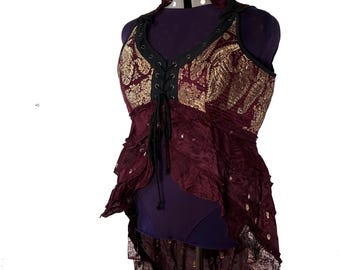 6XL Sophia Corset Dress with Hi-Low tiered skirt in Silk brocade. Handmade Renaissance Festival Steampunk SKU:2000-8500