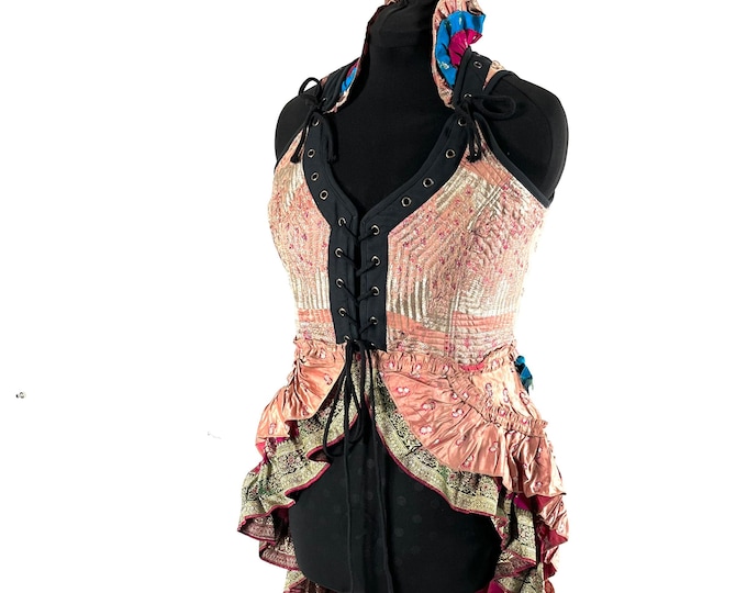 2XL Varuna Corset Bustier Dress in Silk Brocade with long body; Larp, Steampunk, Gothic SKU:2002-7488